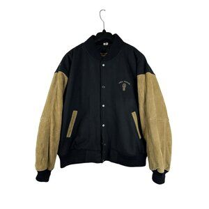 VTG Burks Bay Jones Trucking XL Black Lined Quilted Bomber Jacket Leather Sleeve